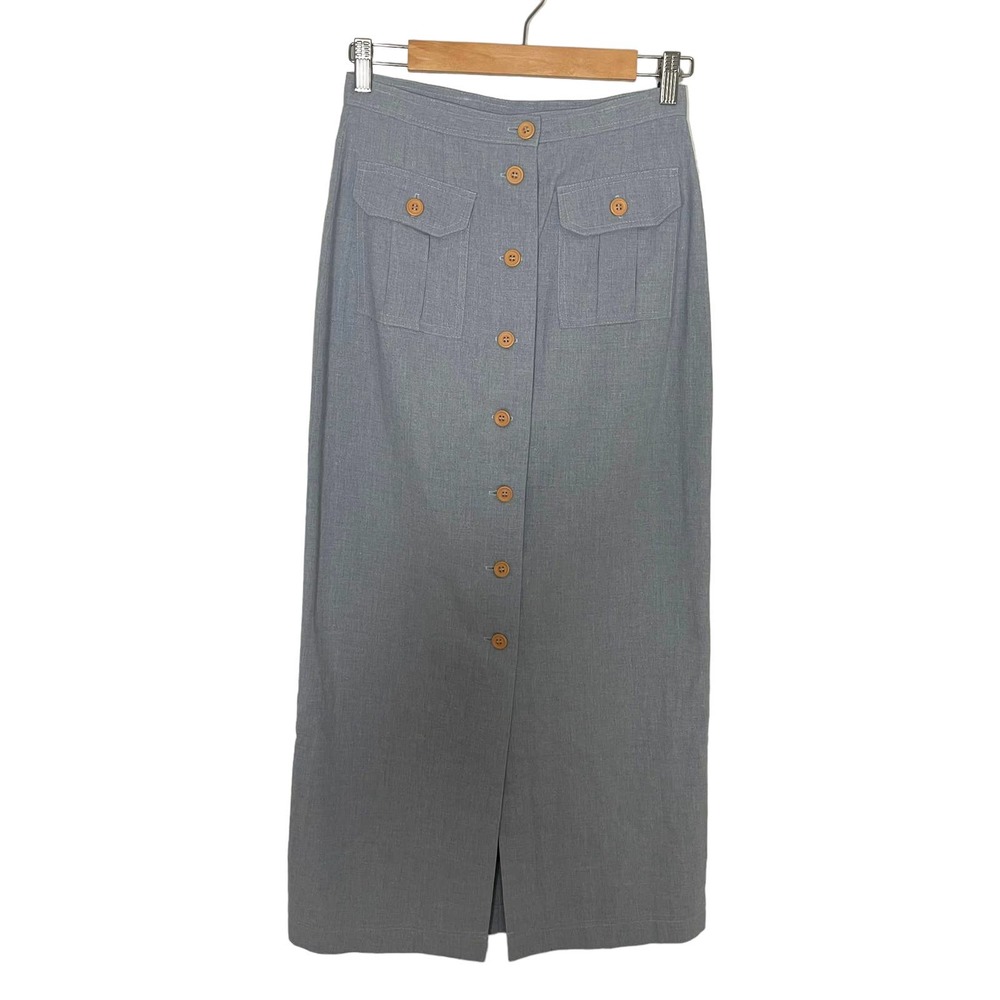 LA City Paris Blue Linen Blend Button Front Pocket Midi Skirt 27